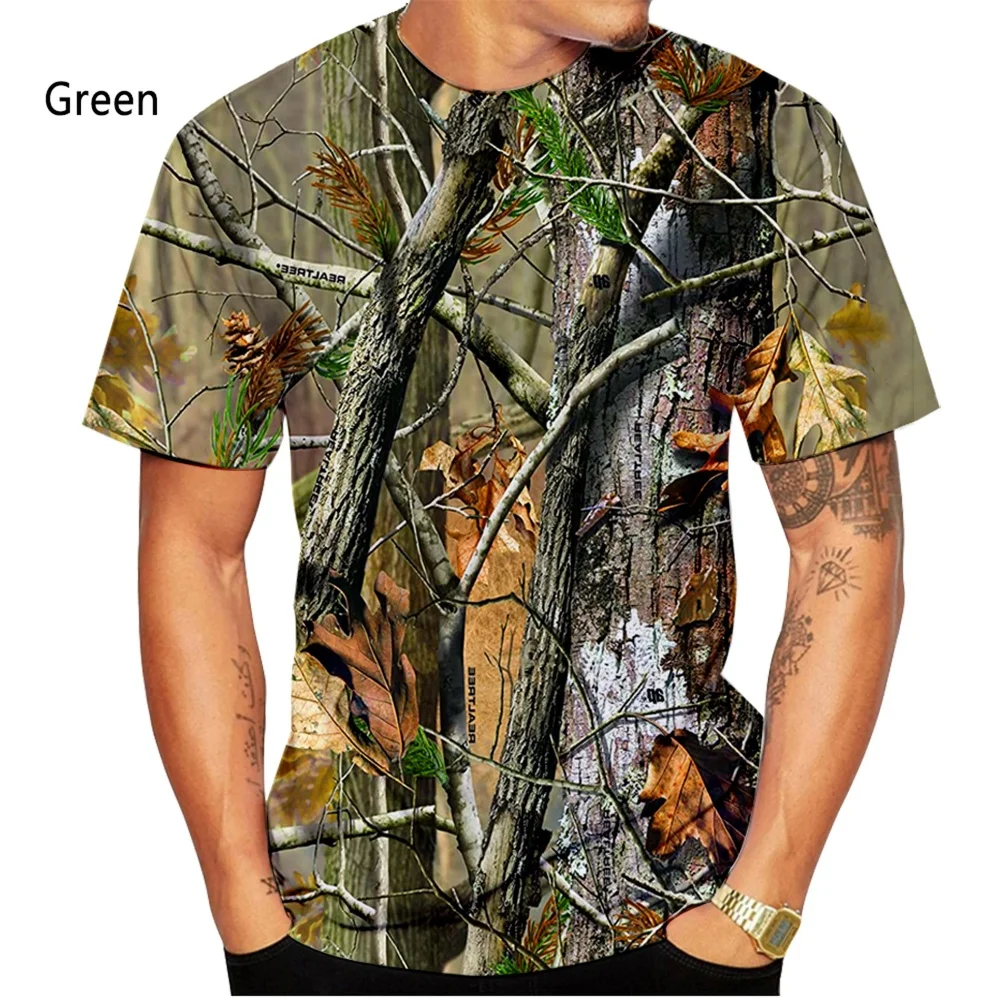 Hunting Outdoor Shop - เสื้อยืดแฟชั่นผู้ชาย ลายพรางใบไม้ 3D สมจริง สำหรับล่าสัตว์และกิจกรรมกลางแจ้ง คอกลม