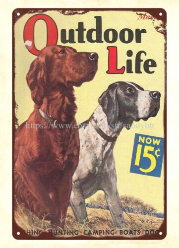 Hunting Outdoor Shop - ป้ายโลหะตกแต่งบ้านลายสุนัขล่าสัตว์จากนิตยสาร OUTDOOR LIFE ปี 1936