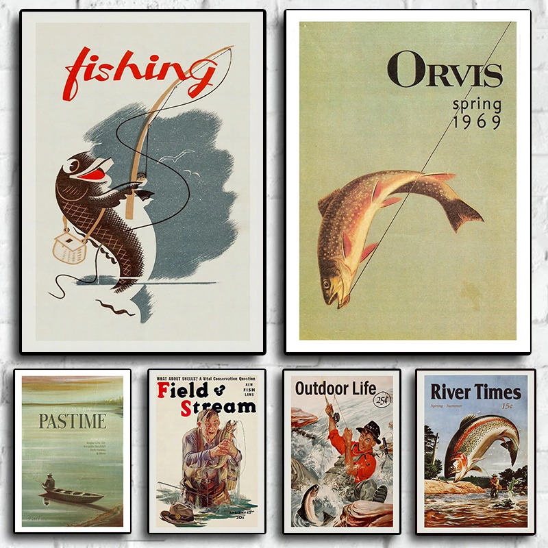 Outdoor Hunting Paintings - Vintage Fly Fishing ผ้าใบพิมพ์ Retro Travel