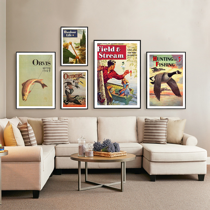 Outdoor Hunting Paintings - Vintage โปสเตอร์ตกปลาที่มีสีสันการล่าสัตว์ตกปลาเรือ Outdoor Trip Wall Art