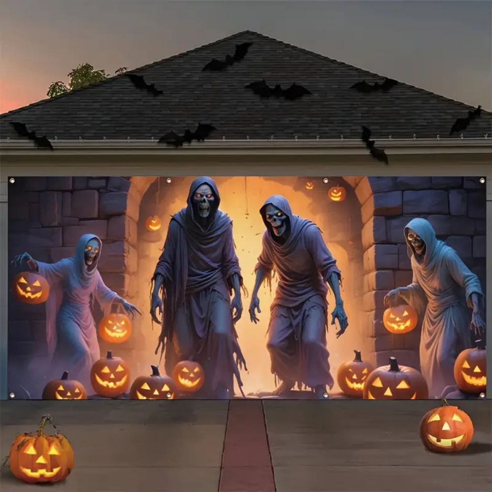 Hunting Outdoor Background - VIKAMA ฮาโลวีนแบนเนอร์โรงรถ 180x400 ซม.ขนาดใหญ่พิเศษกลางแจ้งกะโหลกศีรษะล่าสัตว์เหยื่อโรงรถพื้นหลังผ้าตกแต่งงานปาร์ตี้